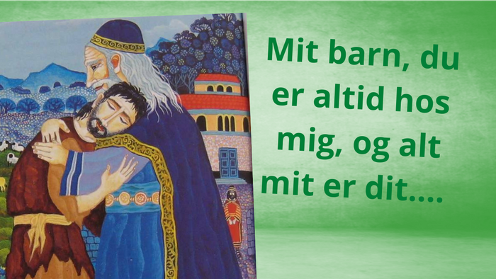 En mand og en ung dreng står i en naturlig omgivelse med bjerge og skove i baggrunden. Teksten på billede: