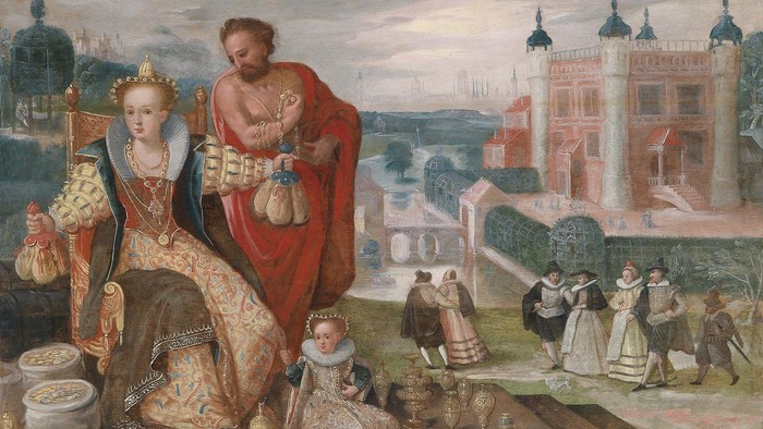 Billedet viser en kongelig familie i historisk tidsperiode med slott og tjenestemænd i baggrunden