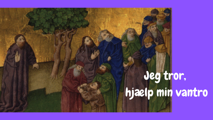 En religiøs maleri med flere figurer, der omgives af træer. Teksten på billede: 