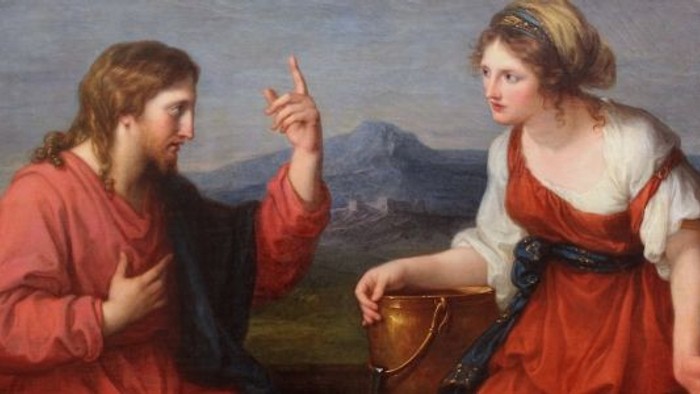 Jesus og den samaritanske kvinde ved brønden. Maleri af Angelika Kauffmann, 1796. Kilde: Wikimedia Commons.r