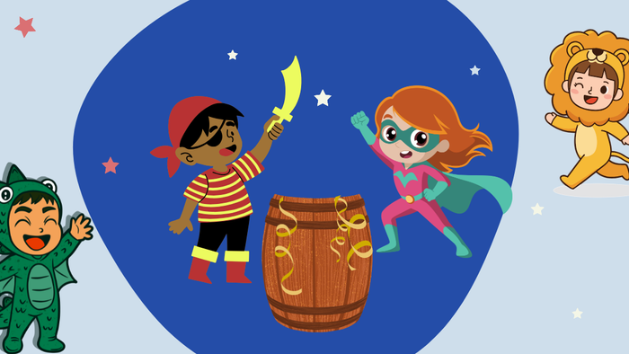 Fastelavn. Udklædte børn og fastelavnstønde