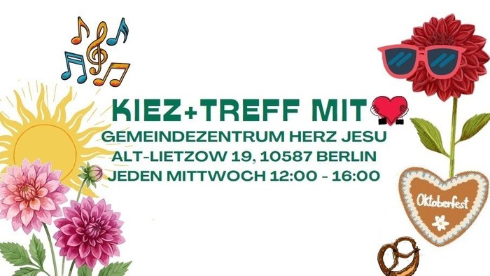 Ein buntes Plakat, das zu einem wöchentlichen Nachbarschaftstreffen mit Musik, Blumen und Berliner Standortdetails wirbt.