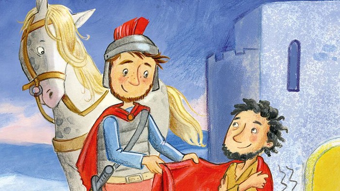 Ein Ritter auf einem Pferd hilft einem Mann vor einer Burg.