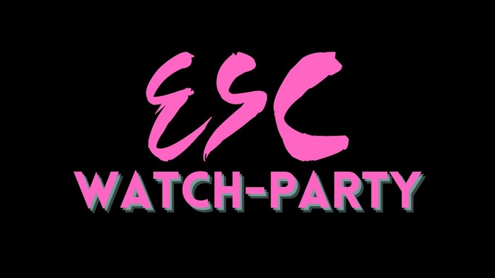 Bunter Schriftzug für ESC Watch-Party auf schwarzem Hintergrund