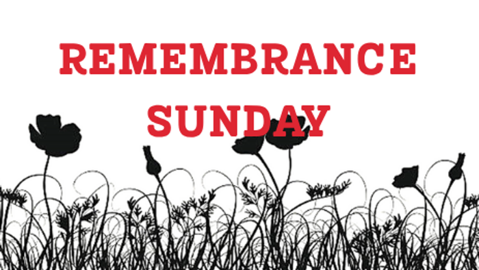 Remembrance Sunday graphic with poppies and text.