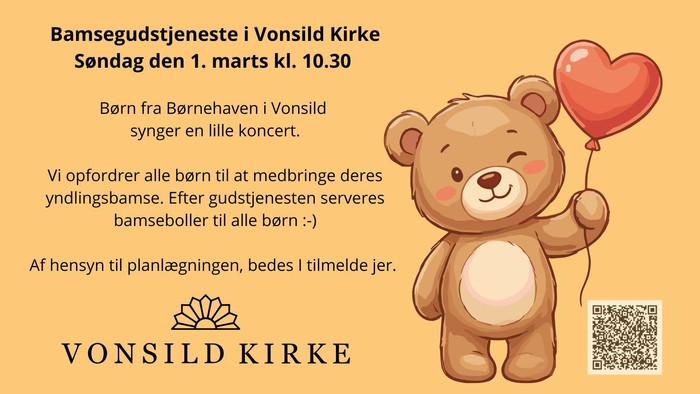 Meddelelse om børnekoncert og bamsesudstjeneste i Vonsild Kirke den 1. marts kl. 10:30.
