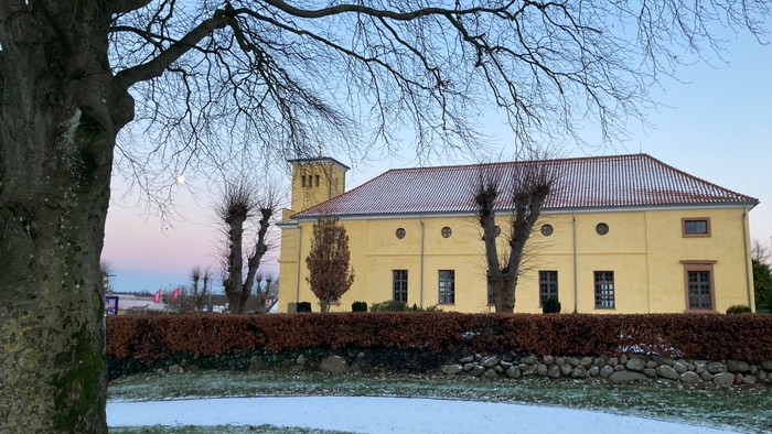 Gul bygning med rødt tag og bare træer foran.