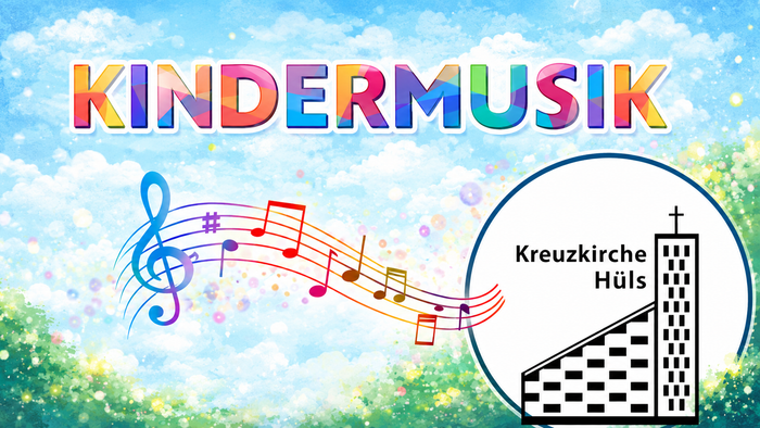 Werbegrafik für Kinder-Musikevents in der Kreuzkirche Hüls mit bunten Musiknoten und einer Illustration des Gebäudes.