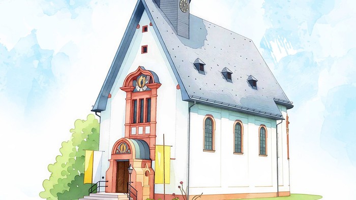 Bezaubernde kleine Kirche mit farbenfrohen Akzenten und einem grün gekrönten Turm unter einem sanften Himmel.
