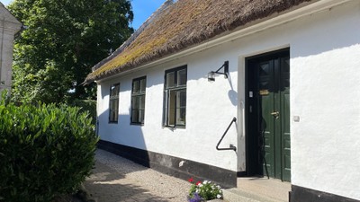 Hvidkalket hus med tagstroh og sort dør med trinn op til.