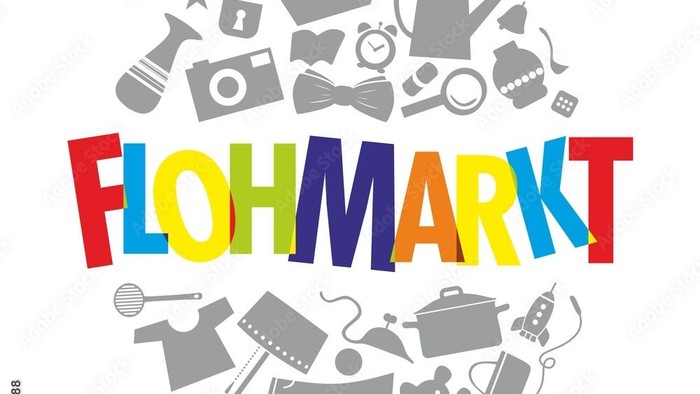 Buntes Logo für Flohmarkt mit verschiedenen Artikeln