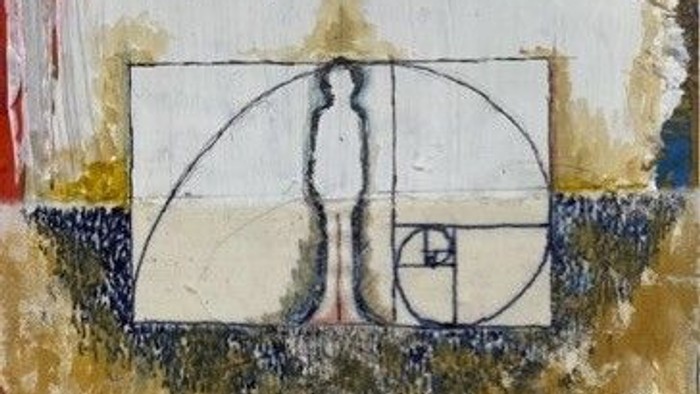 Maleri med geometrisk figur og stående person