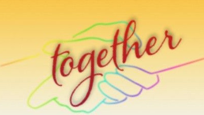 Bunte handgezeichnete Schrift mit dem Wort „zusammen“ auf gelbem Hintergrund