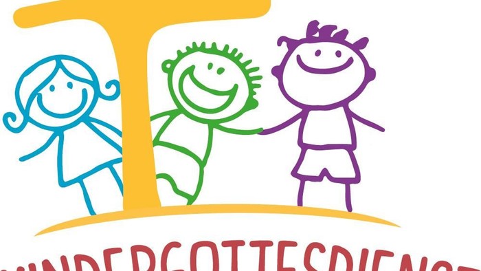 Buntes Logo für katholischen Kindergottesdienst mit drei Comic-Kindern und einem Kreuz.