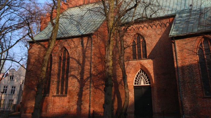 Hohe Kirchturm mit spitzem Dach und Zifferblatt, umgeben von kahlen Bäumen