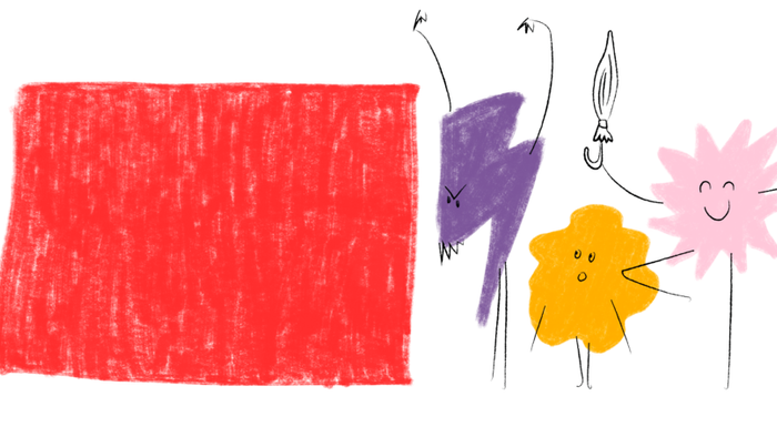 En børnetegning med en stor rød rektangel og tre fantasifigurer.