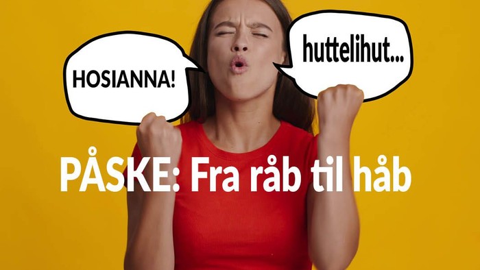 En kvinde holder talebobler med norske sætninger, der udtrykker overraskelse og skuffelse i påsken, mærket *