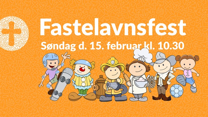 Meddelelse om Fastelavnsfest den 15. februar kl. 10:30 med farverige tegneseriefigurer.