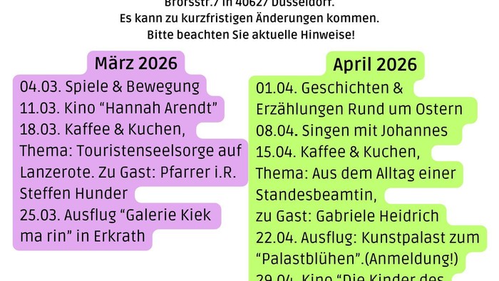 „Veranstaltungsplan für die Gemeinschaftsaktivitäten des *Aktiv-Treff 65+* mit wöchentlichen Angeboten, Vorträgen und Ausflügen in Düsseldorf.“
