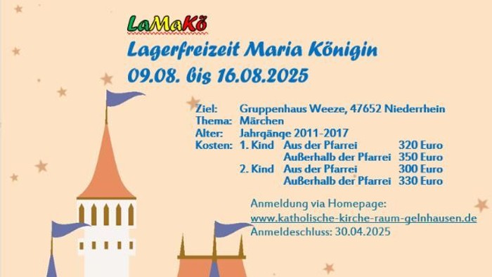 Einladung zur Lagerfreizeit Maria Königin mit Details zur Anmeldung und Veranstaltungsort