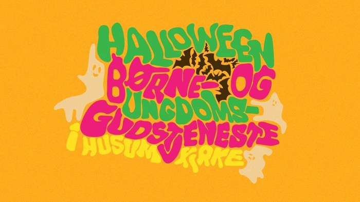 Tekstgrafik med søde spøgelser og flagermus: Halloween børne- og ungdomsgudstjeneste i Husum Kirke