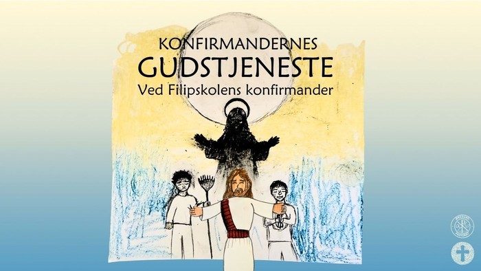 Religiøs konfirmationsgudstjeneste-illustration med børn og en lysende figur, mærket til Filipskolens konfirmander.