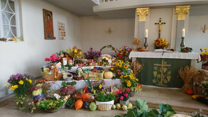 Bunte Blumen- und Gemüseauslage in Kirchenraum