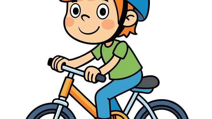 Et tegnede børn cykler med en blå helm.