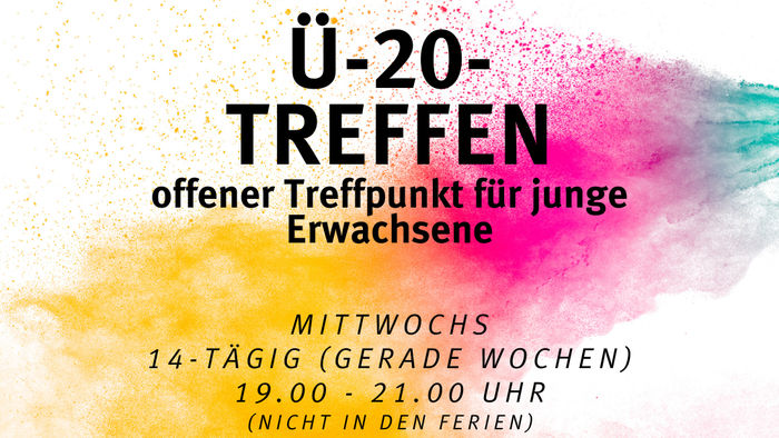 Plakat für ein Jugendtreffen für junge Erwachsene bis 20 Jahre, das alle zwei Wochen mittwochsabends stattfindet.