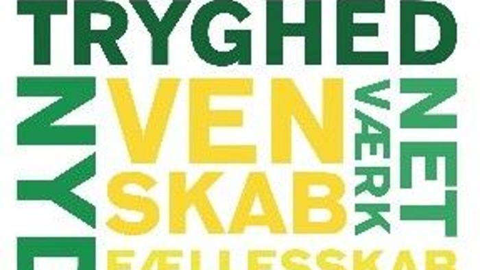 Billedet viser et ordsprog med forskellige aktiviteter og steder på en grøn og gul baggrund.