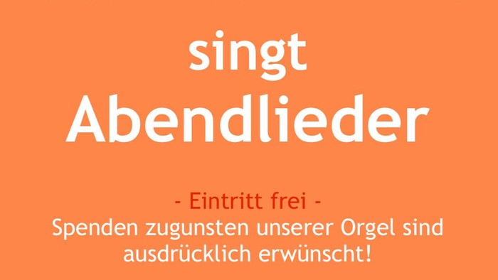 Einladungstext zum Konzert auf orangenem Plakat
Bild der Sänger von links nach rechts: Stephan Vilain, Gabriele Hattemer, Gregor Burkart und Martina Hattendorf, am Klavier Lothar Heinrich