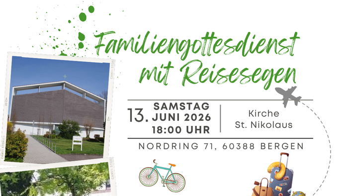 Familien-Gottesdienst mit Reisesegen, inklusive Zusammenkunft nach dem Gottesdienst, Snacks und fahrradfreundlicher Veranstaltung am 13. Juni 2026.