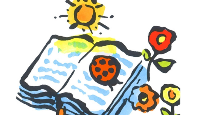 Helles, offenes Buch mit Mond und Sonne, die hindurchlugen, umgeben von fröhlichen Blumen.