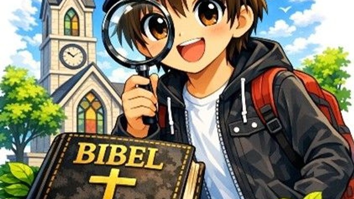 Ein fröhlicher Charakter untersucht eine Bibel mit einer Lupe in der Nähe einer Kirche und trägt einen Rucksack.