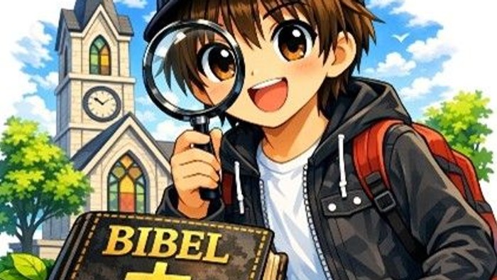 Ein fröhlicher Charakter untersucht eine Bibel mit einer Lupe in der Nähe einer Kirche und trägt einen Rucksack.