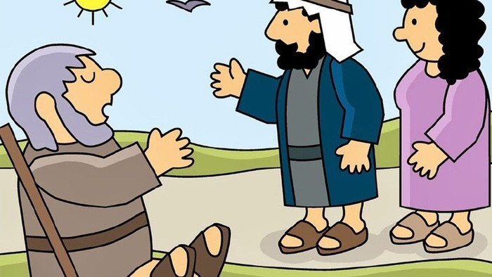 Ein alter Mann sitzt auf einem Stuhl und betet mit zwei anderen Personen im Freien