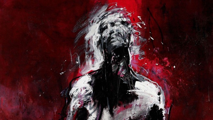 Figure abstraite aux traits dynamiques de rouge et de blanc, évoquant une émotion brute et une intensité.