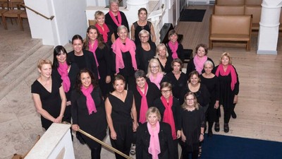 Gruppe af kvinder i sort og pink, der poser på en trappe