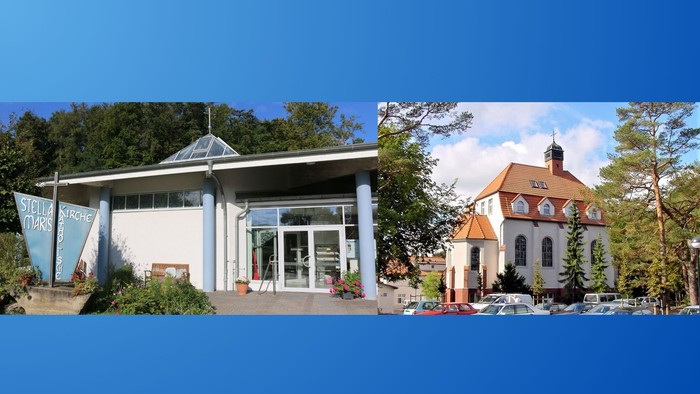 Zwei Gebäude, eines modern, eines traditionell, umgeben von Bäumen und Himmel