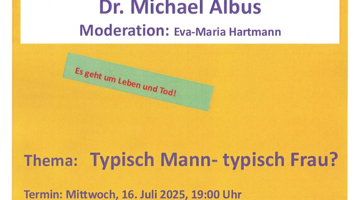 Einladungstext zu " Miteinander reden"  zum Thema Typisch Mann- typisch Frau ?, auf orangenem Plakat 