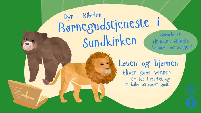 Billedet viser en bjørn, en løve og en åben bog med tekst på dansk, heriblandt