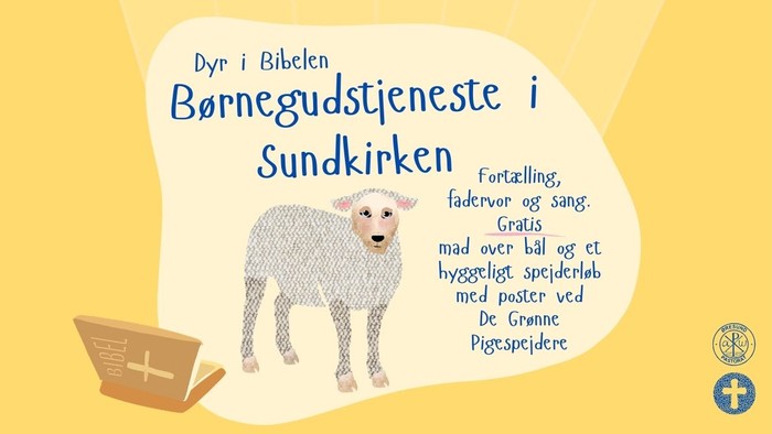Børnegudstjenesteannoncering med bibelske dyr, historiefortælling og kreative aktiviteter med et lam-illustration.