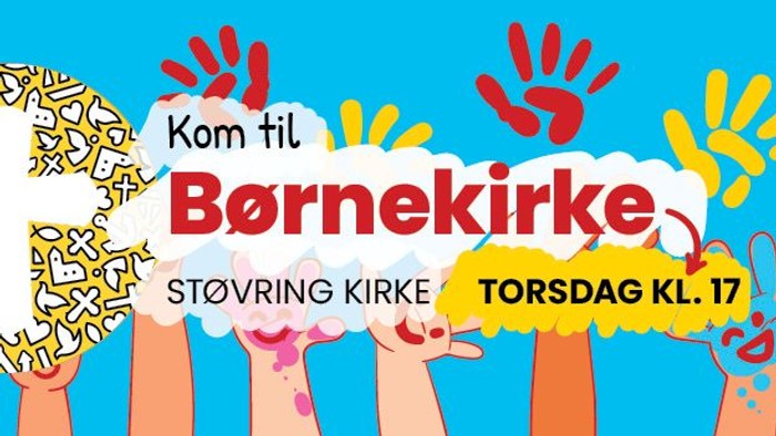 Børnekirke-flyer med håndtryk og dato Torsdag KL. 17