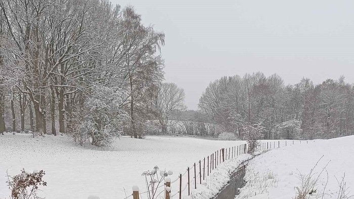 Verschneiter Pfad neben einem zugefrorenen Bach und einem Stacheldrahtzaun
