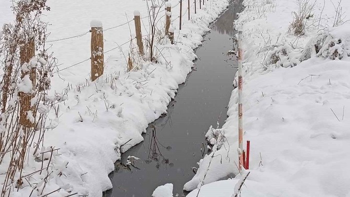 Verschneiter Pfad neben einem zugefrorenen Bach und einem Stacheldrahtzaun
