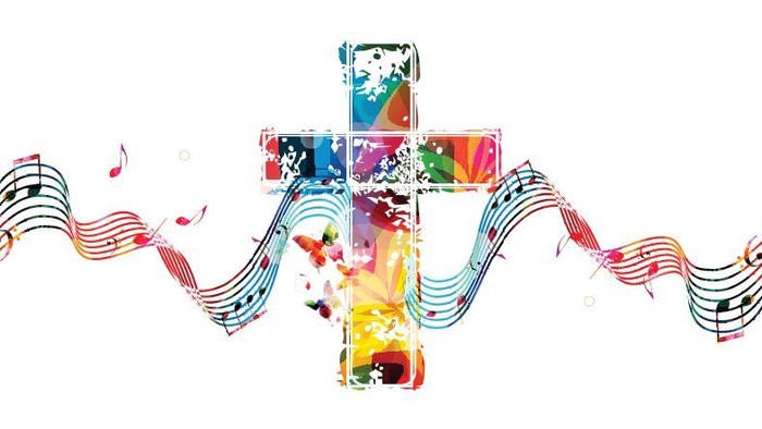 Bunte Kreuz mit Musiknoten.