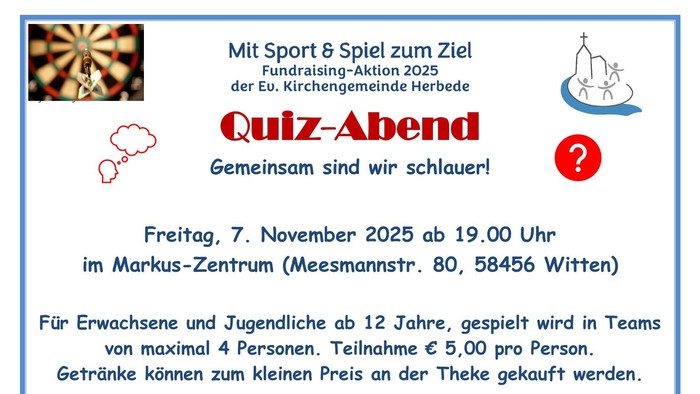 Einladung zum Quiz-Abend mit Fragezeichen und Symbol von einem Menschen der nachdenkt.