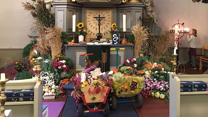Festlich geschmückter Erntedank-Altar mit zwei Leiterwägen, Blumen, Früchten und Getreide in der Dorfkirche Lübars