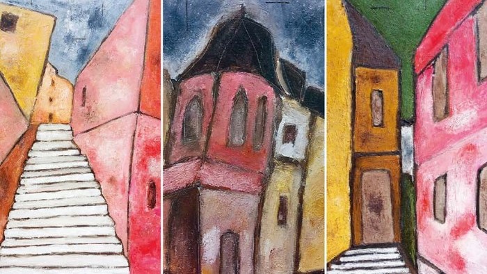 Drei farbenfrohe Gebäudeansichten in impressionistischer Malerei