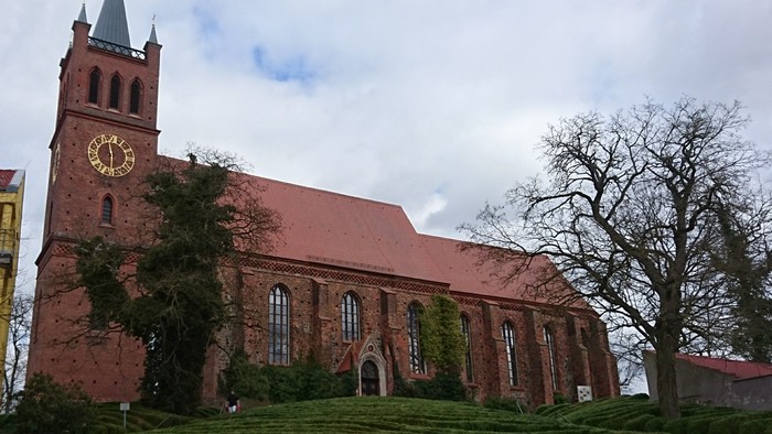 Große rote Backsteinkirche mit hohem Turm und Uhr, umgeben von Bäumen und Gras.